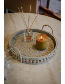 Gri Örgü Desenli Yuvarlak Kenarlı Dekoratif Tepsi